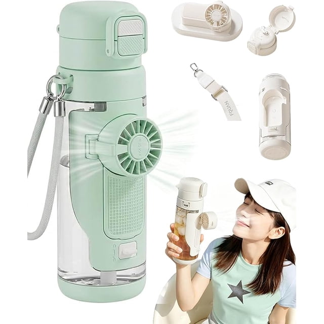 2-In-1 Water Bottle With Built-In Foldable Fan, 2026 New Water Misting Fan Portable Handheld Spray Fans, 23.3 Oz Dual Drinking Water Bottle, 150° Rotation Misting WaterBottle