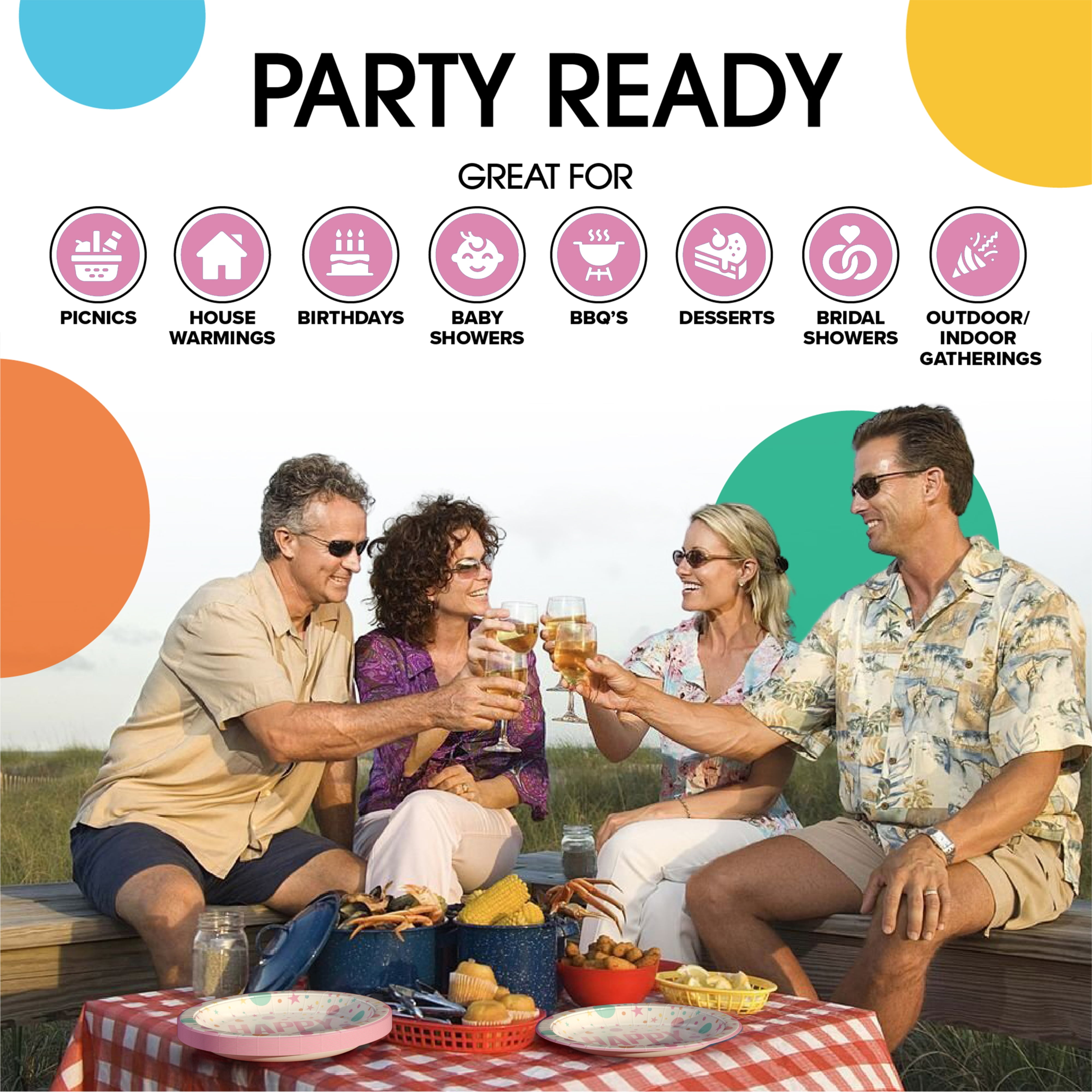 Exquisite 7 In. Pink Birthday Print Party Paper Plates - 100 Ct.