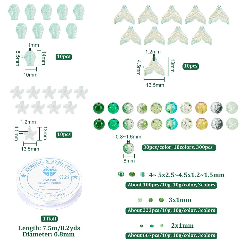 DIY Fish Theme Bracelet Making Kit Including Round Starfish Fishtail Glass Seed Beads Elastic Thread Green diy
