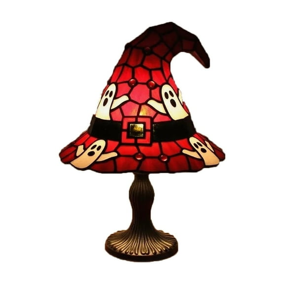 Luyimi Halloween Witch Hat Stained Glass Table Lamp, Vintage Tiffany Style Night Light with Ghost Bat Skull, Retro Accent Lamp for Mantel Shelf Bedroom Fall Gothic Home Decor Holiday Gift B