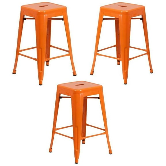 Home Square 24" Metal Backless Counter Stool in Orange - Set of 3