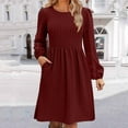 thumbnail image 5 of miqiqism Women Vintage Dresses Comfy Long Sleeves Puff Dress Trendy A Line Pullover Skirts Juniors Fashion Slim Fit Crew Neck Dress Juniors Solid Pleated Costume,Wine,XX-Large, 5 of 5