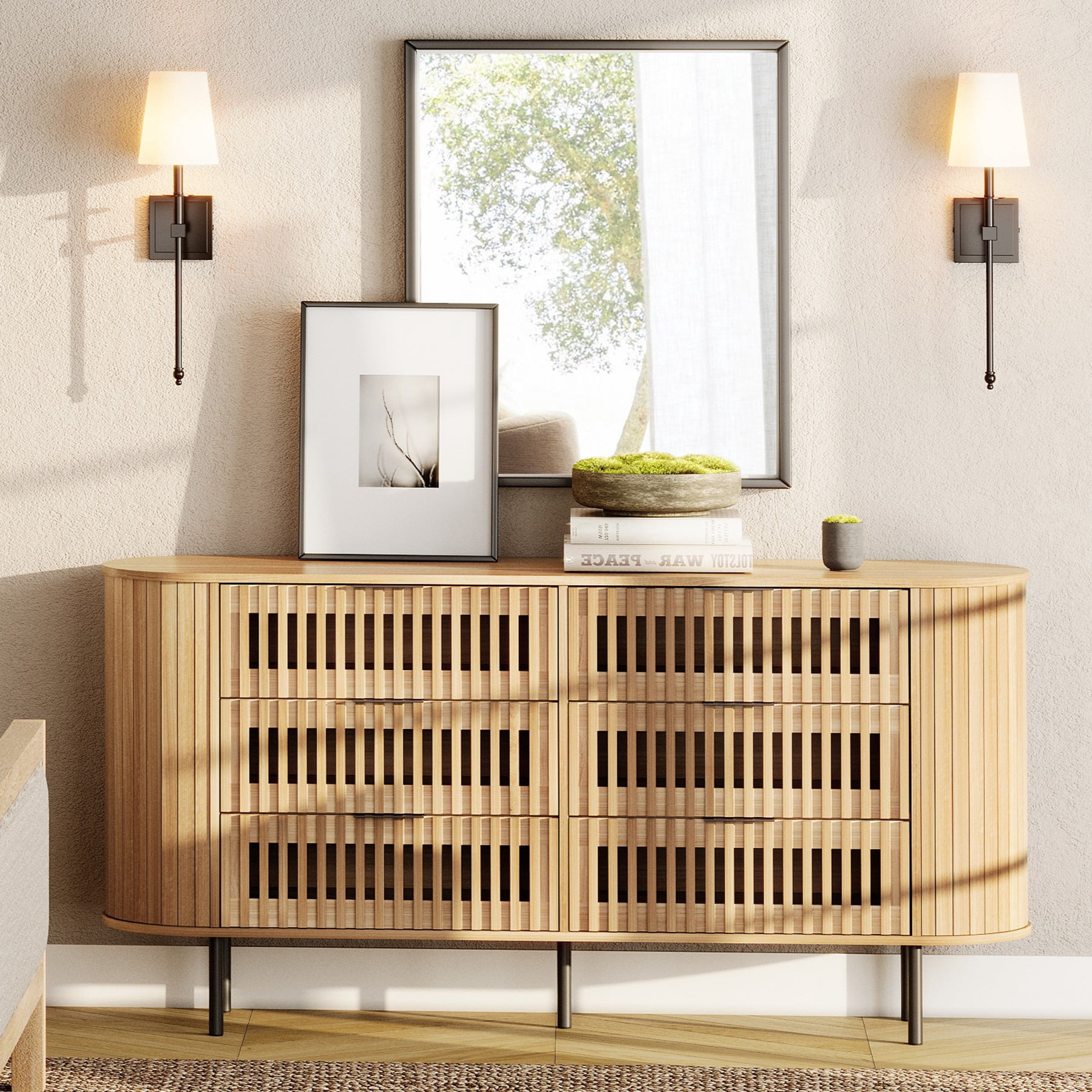 WAMPAT Fluted Dresser TV Stand for 70 Inch TV, Mid Century Modern Entertainment Center with Drawers, Oak