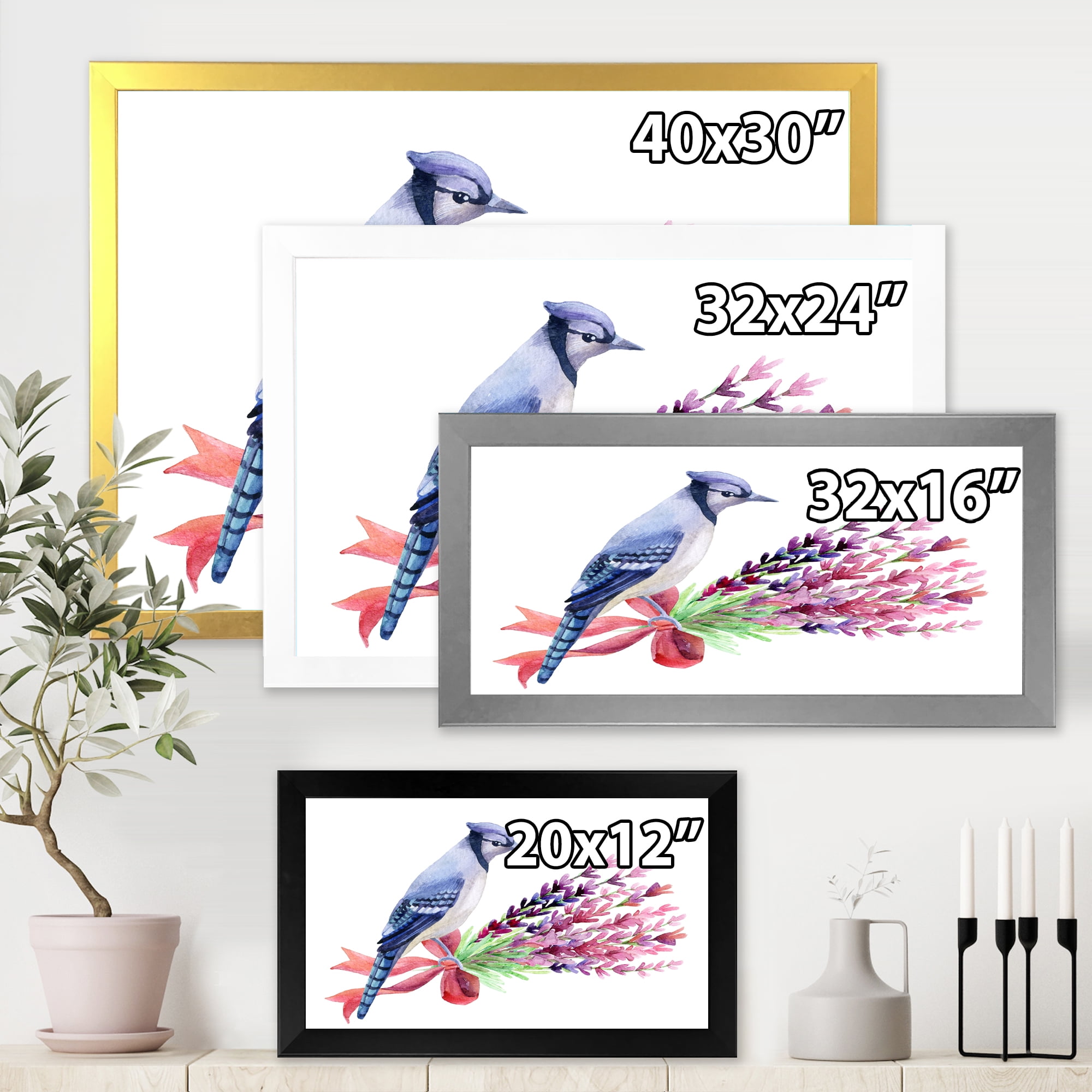 Designart 'Blue Jay Bird On Bouquet Of Pink Flowers' Traditional Framed Art Print