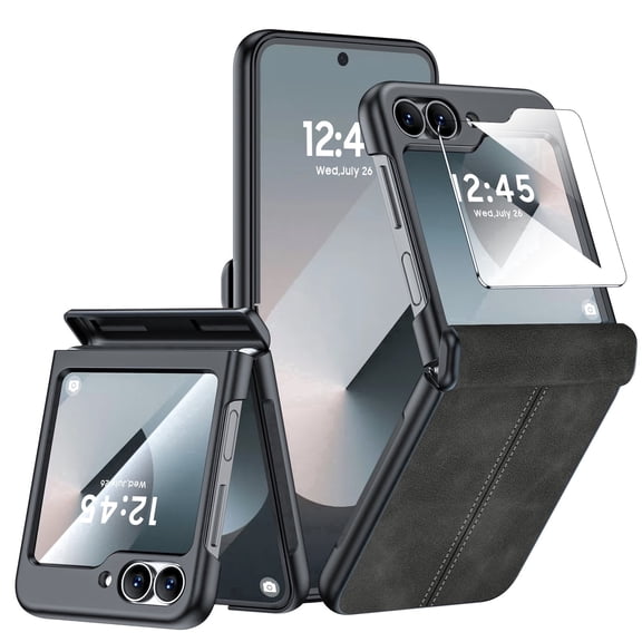Vizvera for Samsung Galaxy Z Flip 6 Phone Case,with Screen Protector,Hinge Protection,Wireless Charging,Ultra Thin Leather Shockproof Case-Black