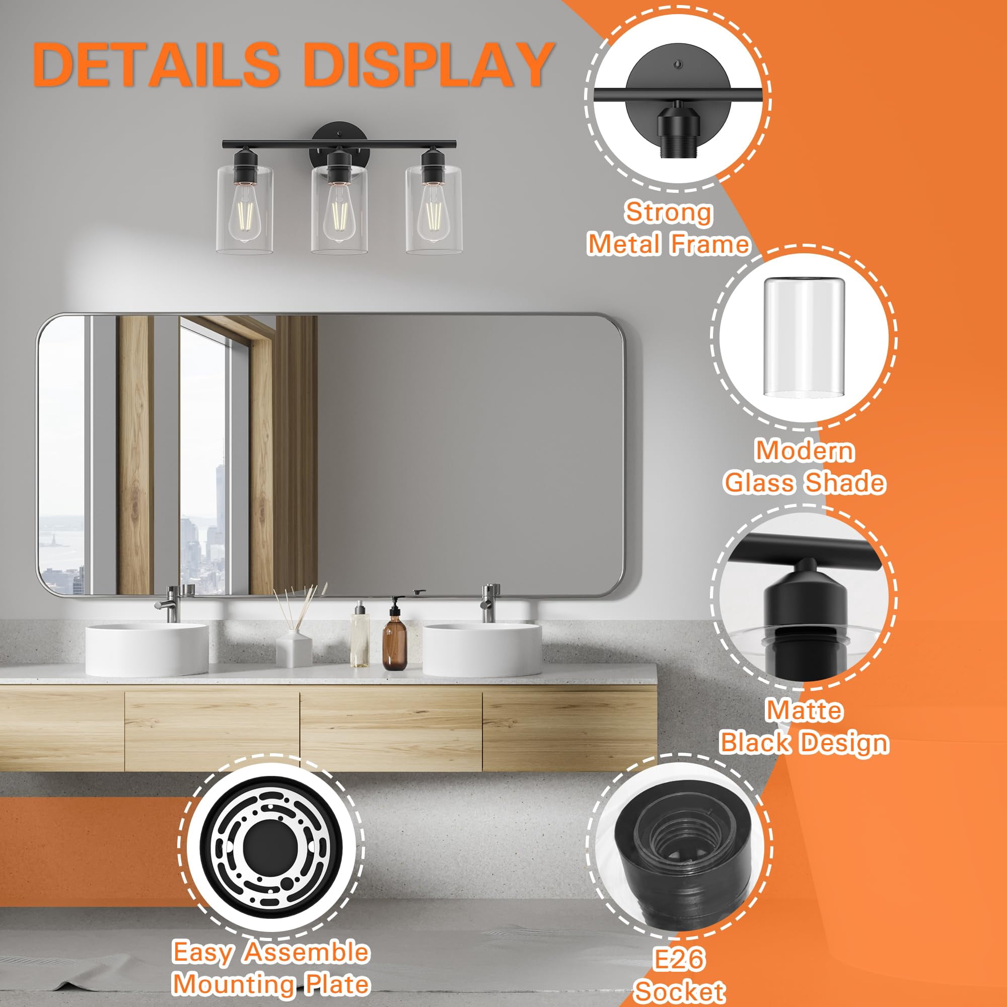 Modern 3 Lights Bathroom Vanity Light Bathroom Lighting Fixture Over Mirror Black Vanity Light,UL Certified Wall Sconces with Glass Shades-Black