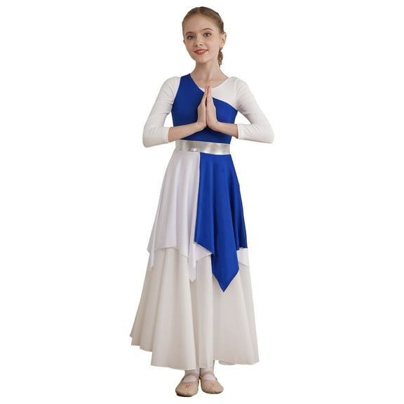 ranrann Kids Girls One Shoulder Lyrical Praise Dance Dress Liturgical Worship Costume Dancewear Blue 8