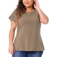 thumbnail image 1 of Blusas de verano sólidas para mujeres de tallas grandes Agnes Orinda con panel de encaje y mangas cortas huecas 4X marrón, 1 of 6