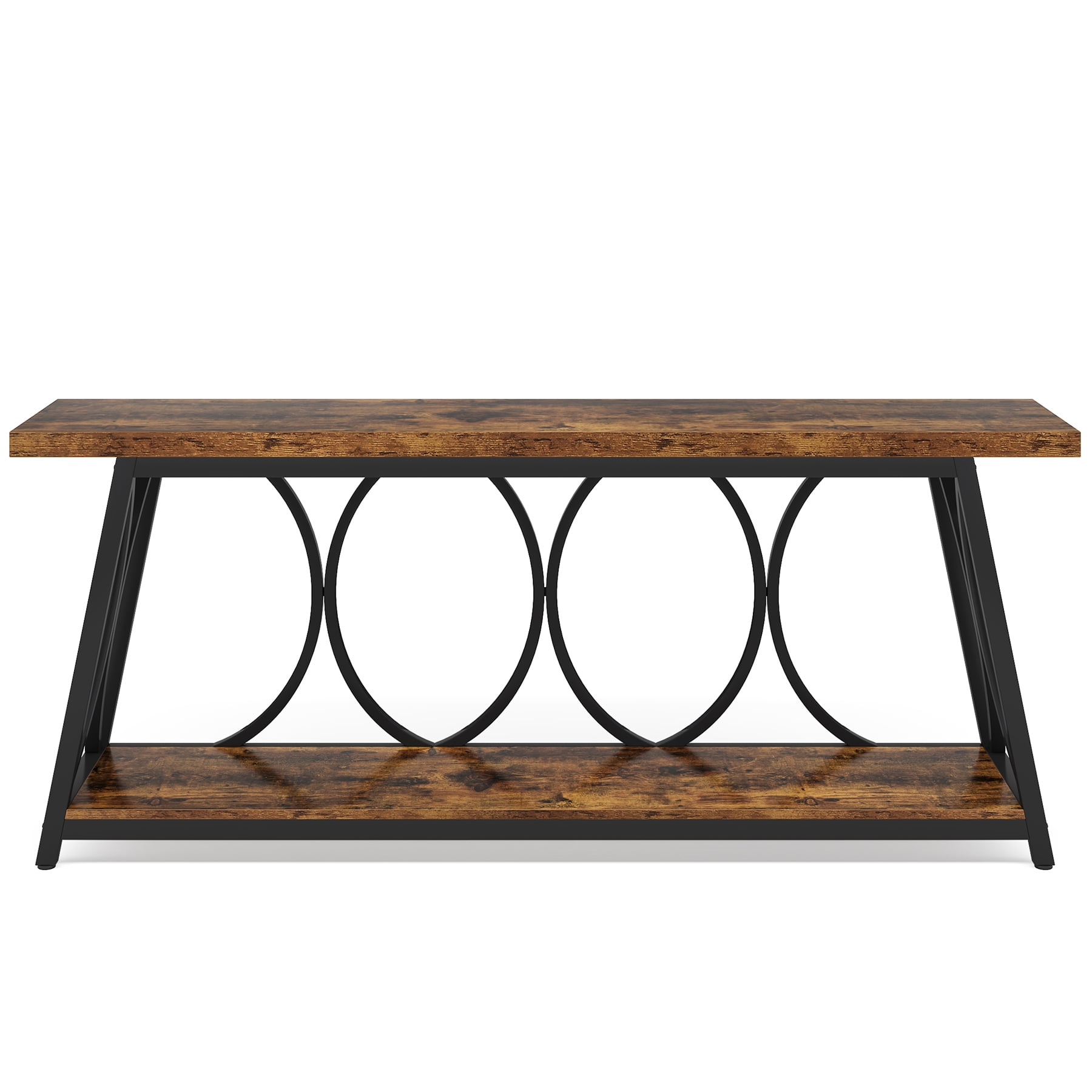 Fnova 70.87" Extra Long 2-Tier Console Table, Industrial Sofa Table with Decorative Circular Metal Frame,  Entryway Hallway Behind Couch Storage Console