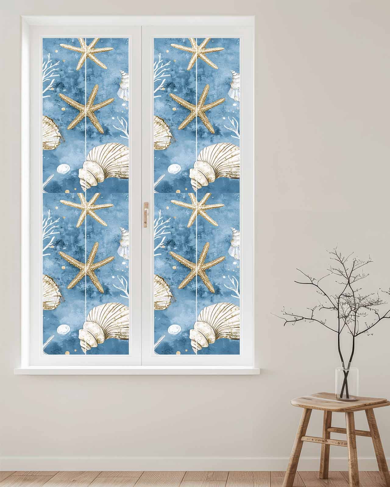 Window Privacy Film Blue Coastal Stained Glass Window Film Decorative Sun Block Window Cover Summer Beach Starfish Shell Sea Window Clings Static Adhesive Sticker for Bathroom 23.6"x78.7"