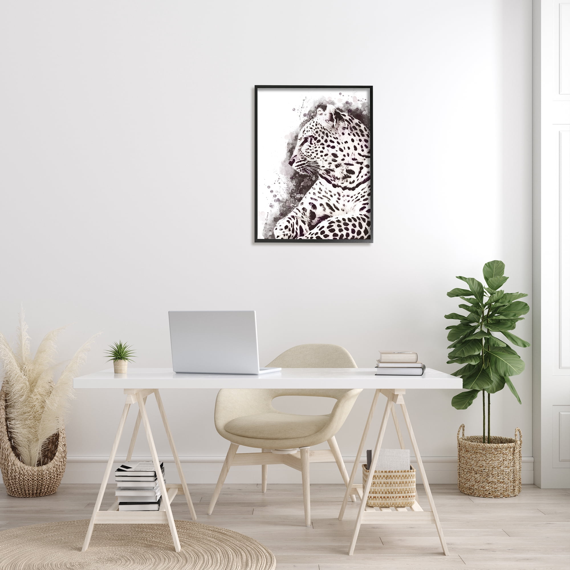 Stupell Home Décor Jungle Cat Paint Splatter Resting Cheetah Grey White, 24 x 30, Designed by Ros Ruseva, Black Frame