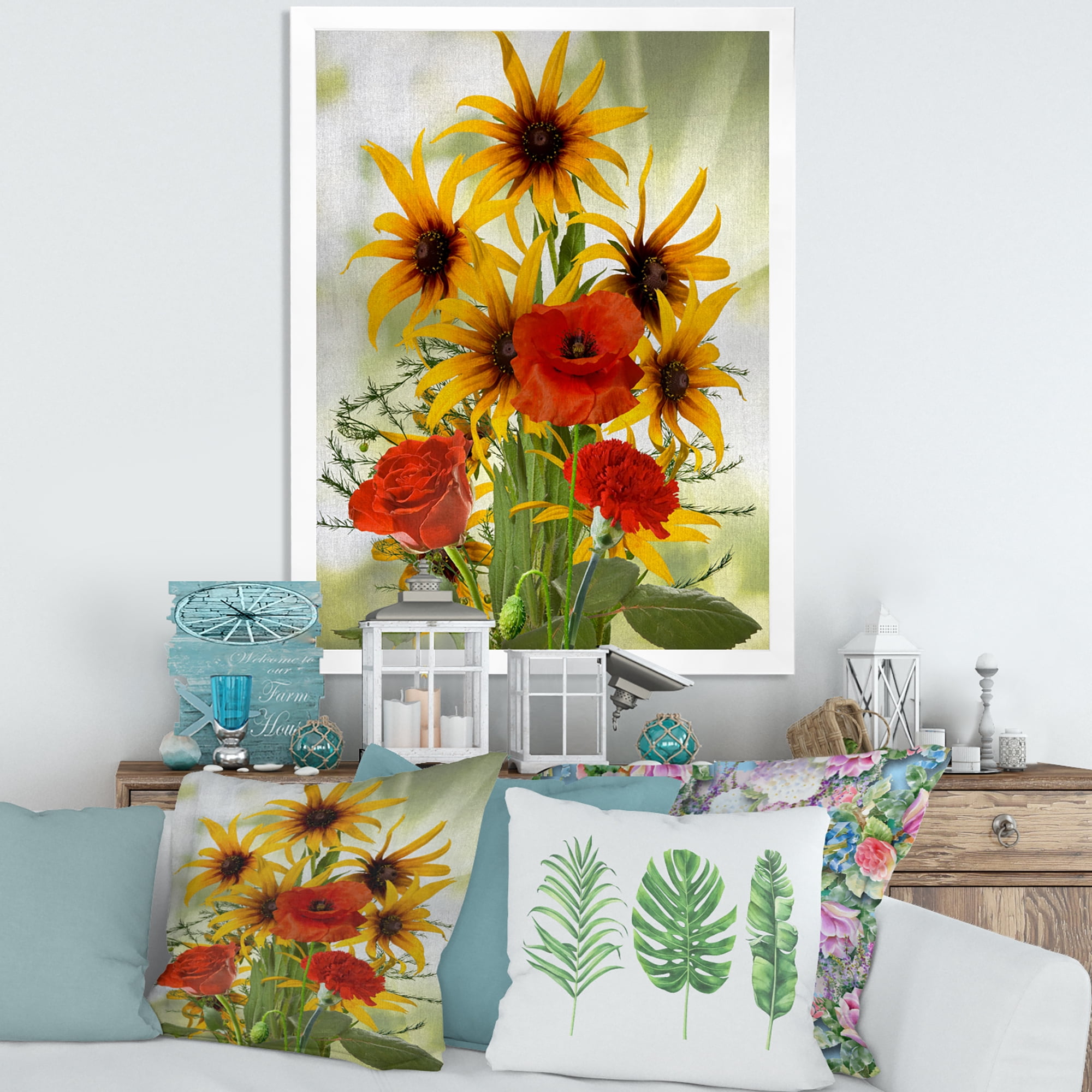 Designart 'Poppies and Sunflowers In The Wild' Traditional Framed Art Print