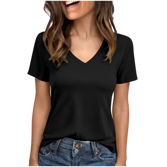 ClodeEU Women's Summer V Neck Short Sleeve Solid Color Shirt ,Casual Loose Tunic Blouse Black,Womens Plus XXL