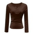 thumbnail image 6 of XPMWRP Womens Long Sleeve Henley T Shirts Button Ribbed Knit Slim Fitted Tee Tops Crew Neck Basic Casual Work Blouse Brown XL, 6 of 7