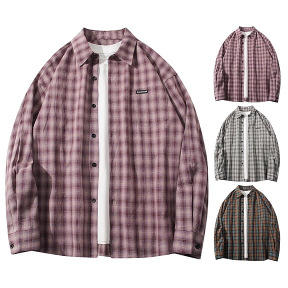 Xcmzpl Men's Long Sleeve Collar Plaid Shirts Oversized Dressy Casual Loose Comfy Button Blouse Tops Lightweight Shirt Jacket