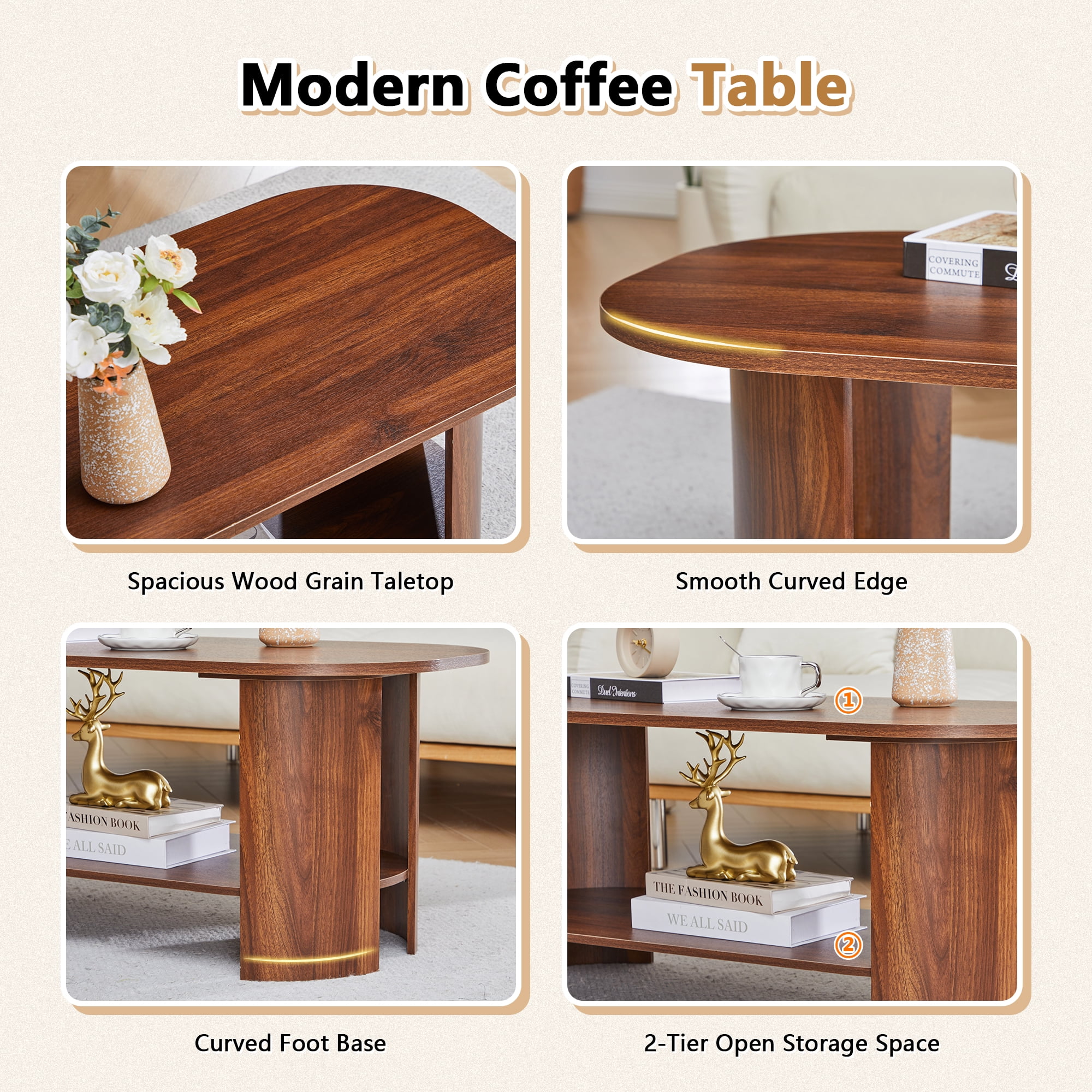 Wirrytor Oval Coffee Table with Storage Shelf, 2-Tier Modern Farmhouse Wood Center Table for Living Room, Rustic Brown