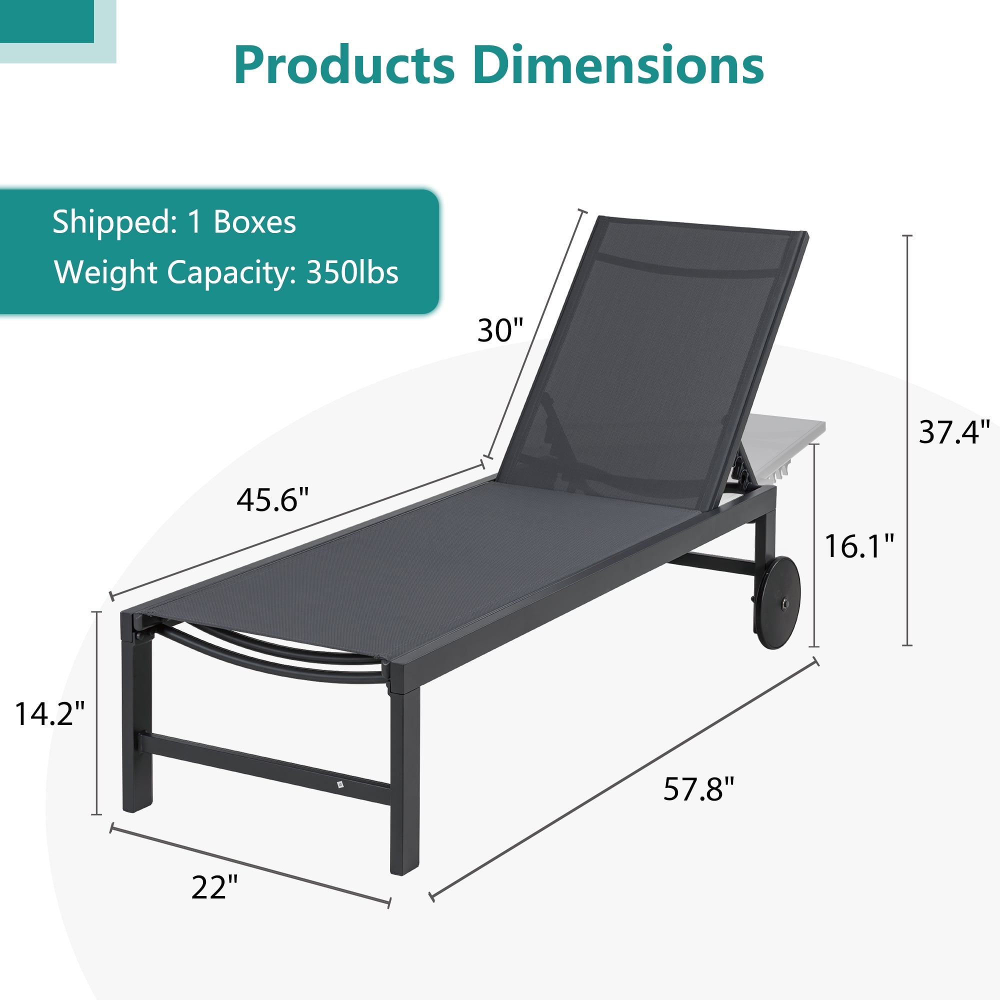 Walsunny Aluminum Adjustable Angle and Wheels Chaise Lounge Chair - Set of 2 Gray