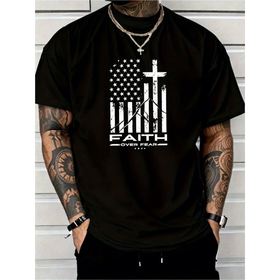 Faith Over Fear American Flag Cross Graphic T-Shirt Patriotic Christian Tee