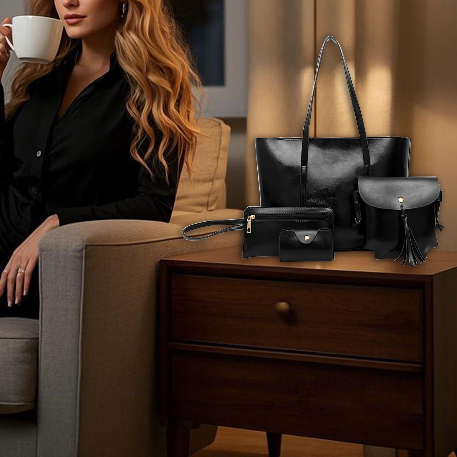 Clearance! Titcea Handbags for Women, Retro Leather Satchel, Tote Bag & Shoulder Bag & Purse & Card Bag Set 4pcs, Gifts for Mom/Her
