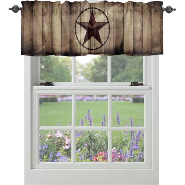 Valance Curtains for Windows Texas Star Wooden Board Window Treatment Curtains Vintage Farm Wood Grain Short Curtain Rod Pocket Valances for Kitchen Bathroom Living Room, 1 Panel 54x18 Inch