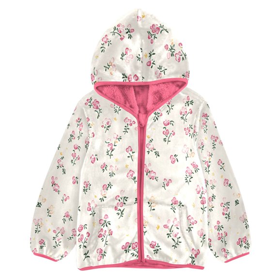 BZSMCE Double-Sided Sherpa Fleece Hooded Zipper Jacket Pink Pink Floral Pattern Print Warm Outerwear