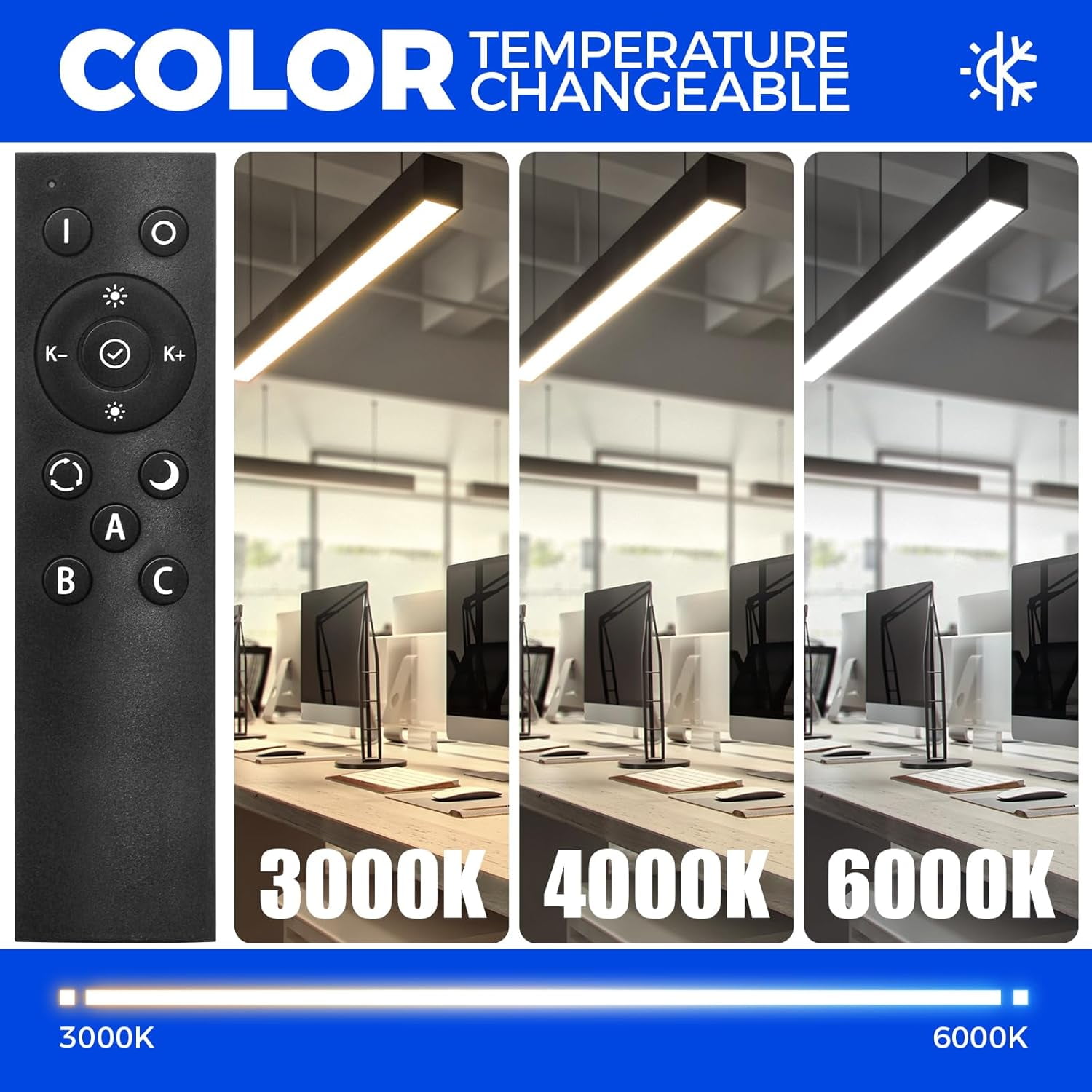 Barrina 4-Pack 5568 Remote Series LED Linear Light Fixture 2nd-Generation 4FT 45W Seamless Connection 3000K-6000K Color Changing Dimmable Office Shop Light with Remote 5568 Series Black