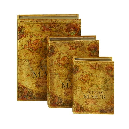 Olivia & May Vintage Reflections Rustic "Atlas Maior" MDF Book Box Set, Faux Leather 3ct - Traditional Decor Storage