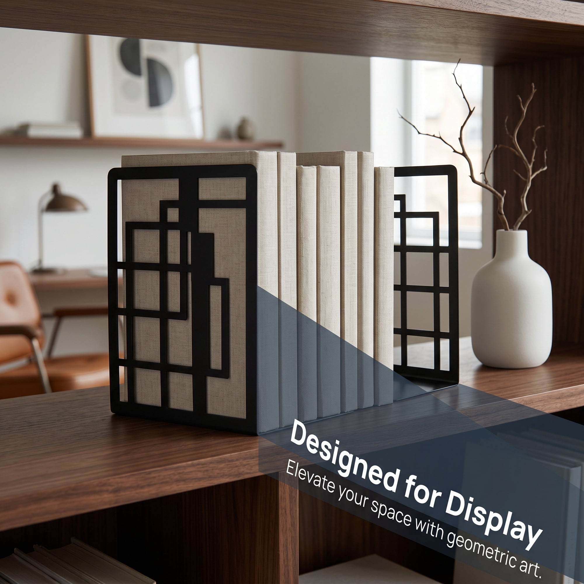Unique Bargains Geometric Metal Bookends Decorative Book Ends for Shelves Black 4.7"x3.7"x6.7"