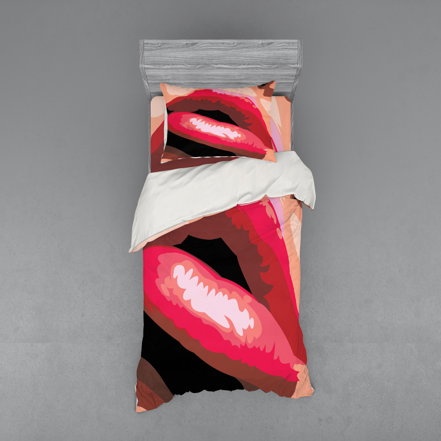 Retro Duvet Cover Set, Lips Woman Mouth Red Lipstick on Posing Charming
