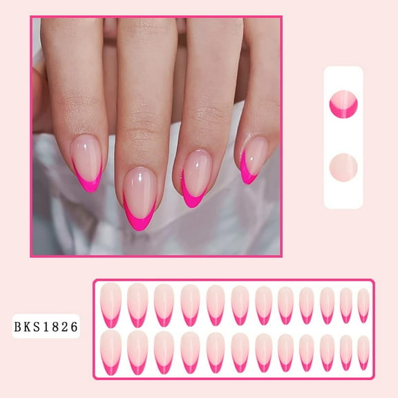 24Pcs Hot Pink French Tip Press on Nails Short Almond Fake Nails Reusable Acrylic False Nails Natural Nude Pink Full Cover Glue on Nails Glossy Artificial Nails Stick on Nails for Women Nail Decor