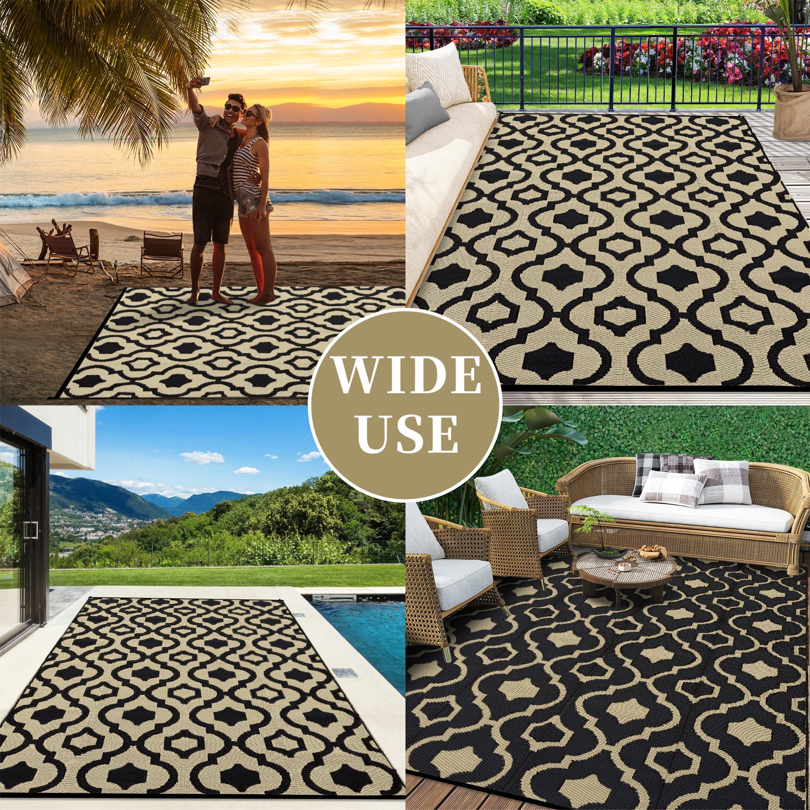 GlowSol 9'x12' Outdoor Rug Moroccan Style Plastic Straw Rug Waterproof Reversible Mat Outdoor Foldable Rug for Camping Patio Picnic, Black Coffee