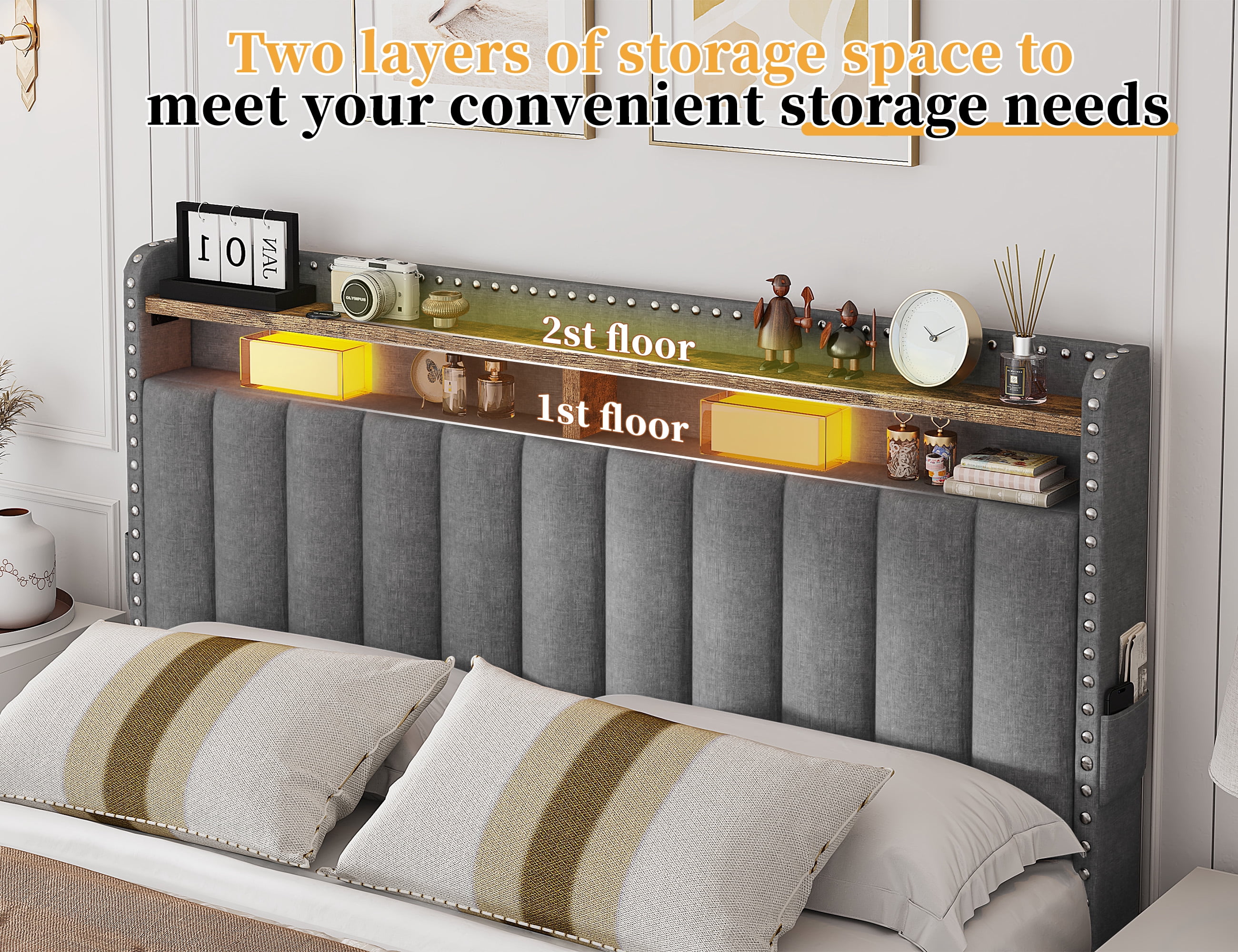 Full Size Bed Frame with 3 Storage Drawers Upholstered Bed Frame with 2-Tier Shelf Bed Frame with Headboard & Side Pockets,Gray