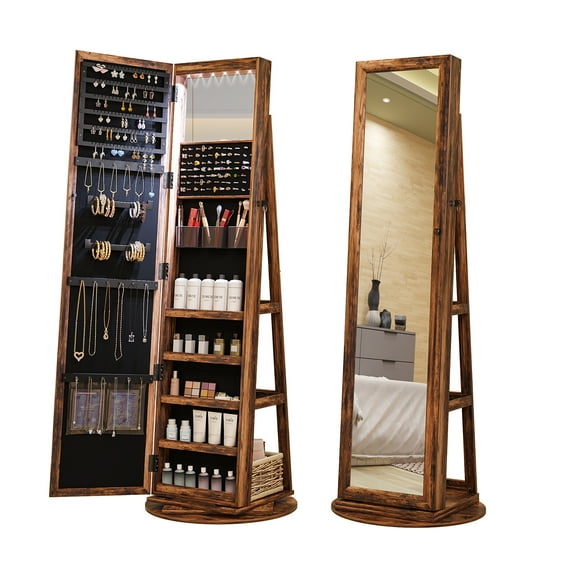 Lvifur 360° Swivel LED Jewelry Cabinet,Full Length Mirror Large Capacity Jewelry Armoire Organizer with 6 LED Lights, Lockable Floor Standing Mirror With Back Rear Storage, Brown