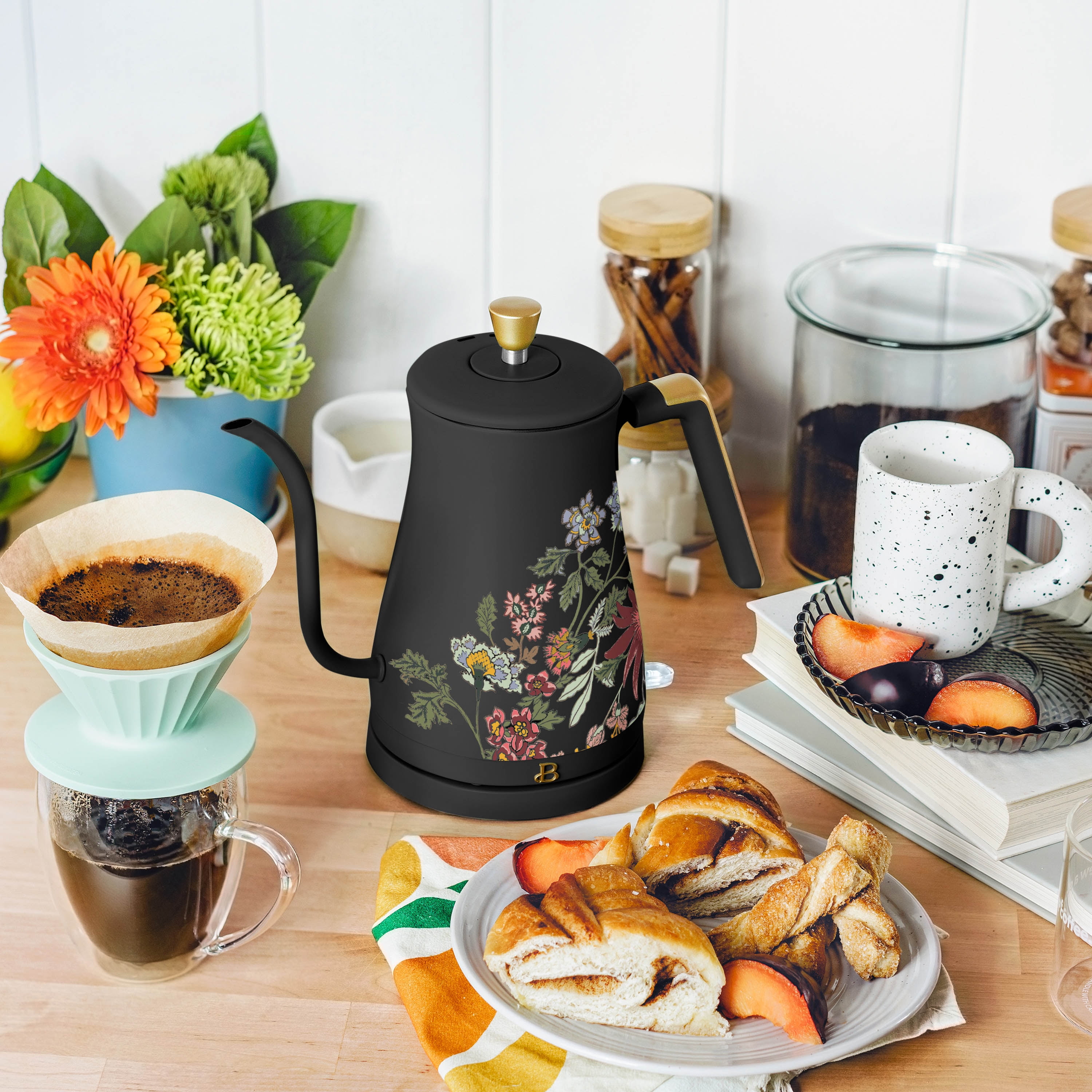 Beautiful 1-Liter Electric Gooseneck Kettle 1200 W, Wildflower Black Sesame by Drew Barrymore