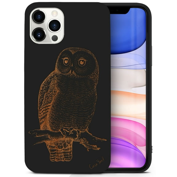 Case Yard Wooden Case for iPhone-11-Pro-Max Soft TPU Silicone cover Slim Fit Shockproof Wood Protective Phone Cover for Girls Boys Men and Women Supports Wireless Charging Owl Sketch Design