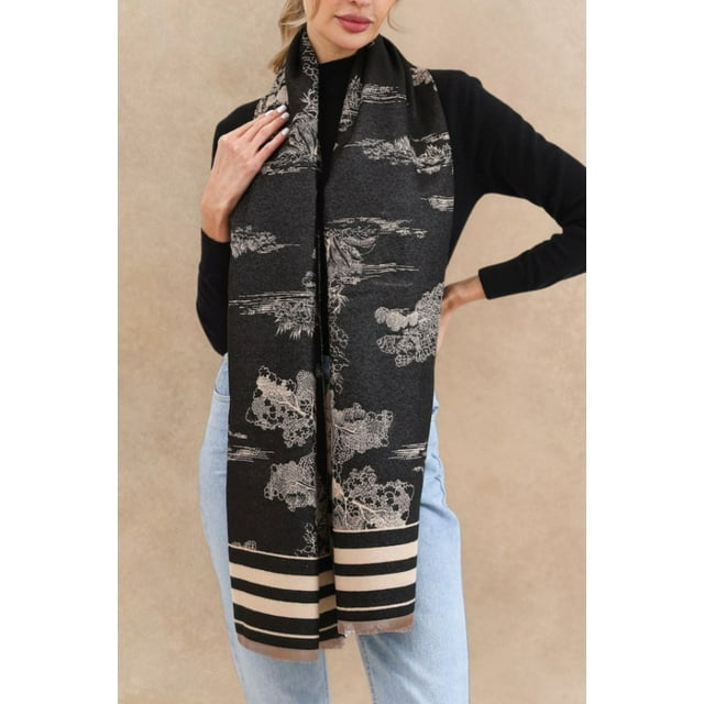 Scenic Print Scarf with Striped Border
