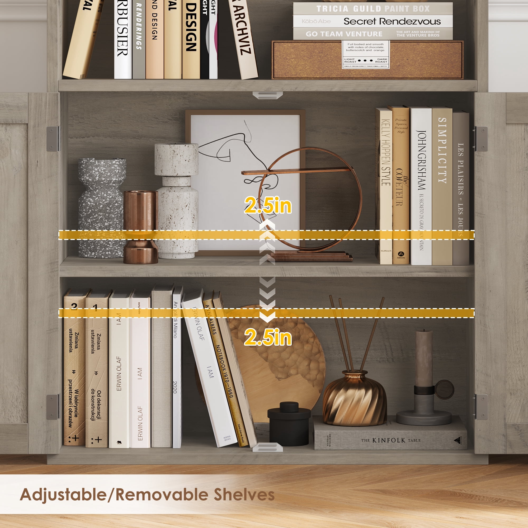 Hiphuta 81.5" Tall Bookcase with Doors, 5-Tier Bookshelves with Storage, 23.6"W Display Shelf with 2 Doors for Home Office, Living Room, Ash Grey