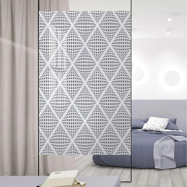 White Stained Glass Window Film Privacy Volumetric Diamond Form with Dynamic Dashed Effects Window Film Non-Adhesive Frosting Privacy Film Geometric 31.5Wx62.9L-inch