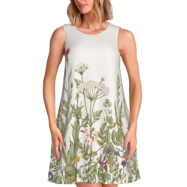 Fotbe Herbs and Wildflowers Vestido de Verano sin Mangas para Mujer – Vestido Midi Línea A, Estilo Camiseta Floral, Vestido Playero Casual y Fluido