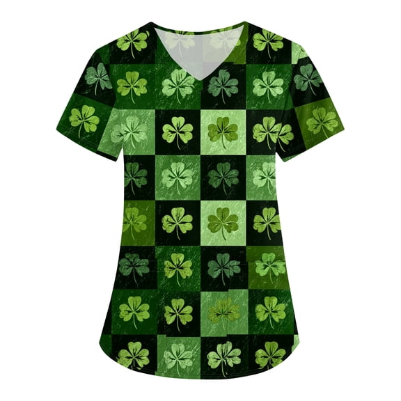 Womens St.patrick's Day Scrub Tops Shamrock Short Sleeve Lucky Workwear Clover V Neck Holiday Green Uniform with Pockets Dark Green M