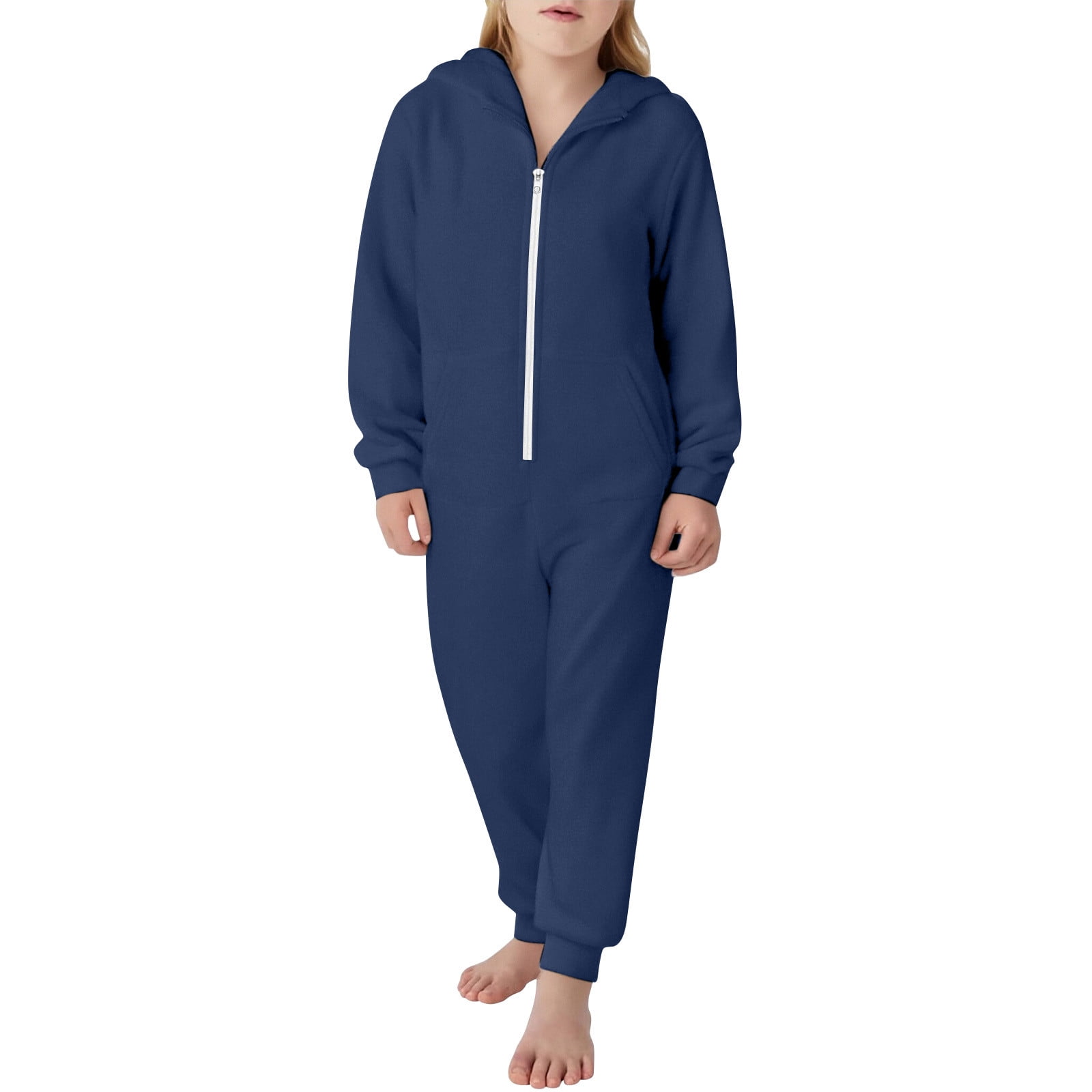 Ulitacool Summer Onesie For Boys Crewneck Kids Girls Boys Solid Color Long Sleeves Zipper Sweatshirt Hooded Romper Jumpsuit With Pocket Outfits For Children Classic Clothes Navy 15-16 Years