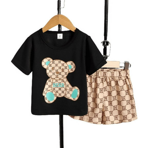 Mikrdoo 4 Years Toddler Baby Boys Summer Clothes Bear Shirt Elastic Shorts 2Pcs Preschool Outfits Black