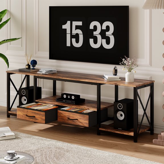 TV Stand with Fabric Drawers and Power Outlets for 75 70 65 Inch TV, TV Console Table, Entertainment Center with Open Storage Shelves for Living Room, Bedroom, Office, Rustic Brown