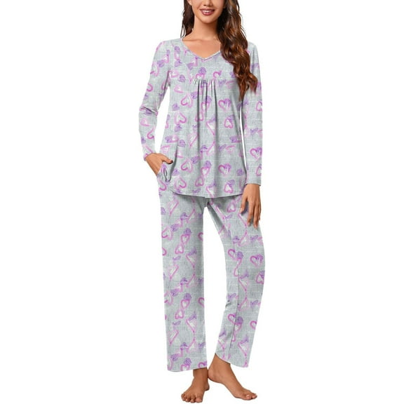Womens Fall Pajama Sets Pleated Sleepwear Ladies Long Sleeve Nightwear Pants Pjs Lounge With Pockets[Z3521]