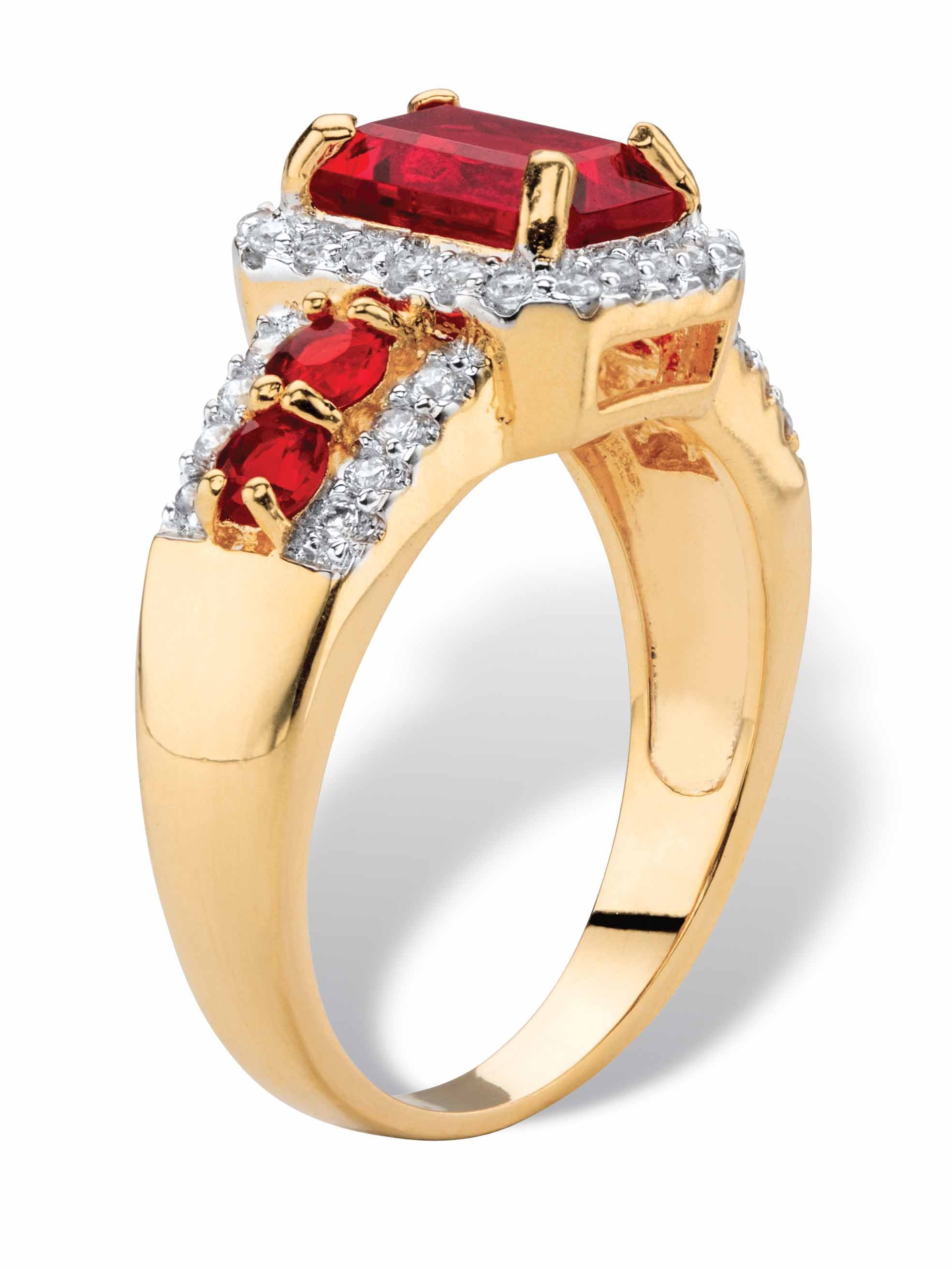 PalmBeach Jewelry Emerald-Cut Simulated Green Emerald or Red Ruby and Cubic Zirconia Halo Cocktail Ring Yellow Gold-Plated