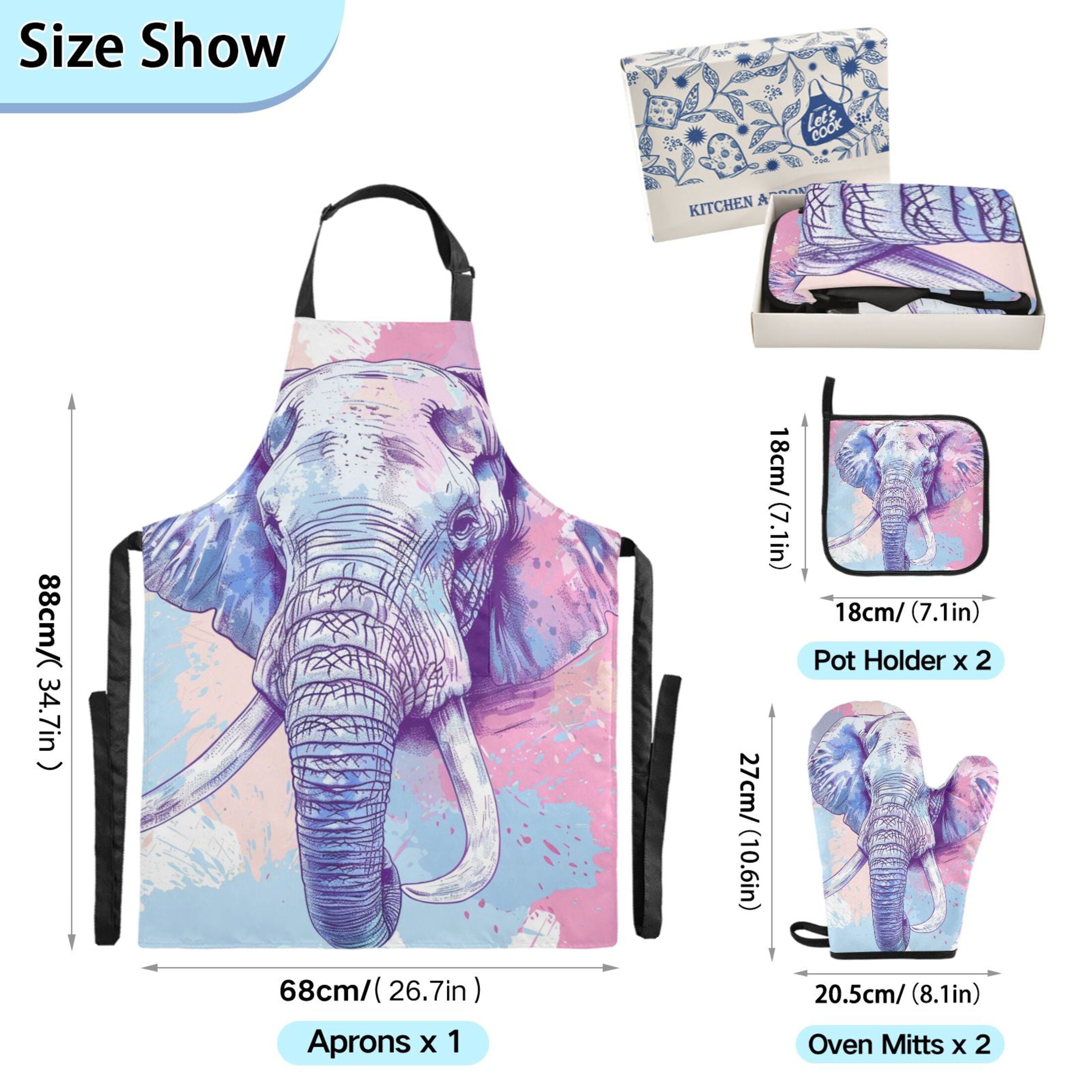 Colorful Elephant Head 5 Pcs Kitchen Set Heat Resistant Oven Mitts and Non-Slip Pot Holders with Adjustable Cooking Apron