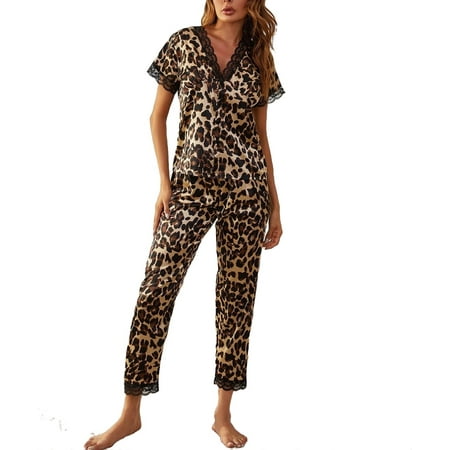 

2pcs Set Sexy Leopard Print V neck PJ Pant Sets Short Sleeve Women s Pajama Sets (Women s)