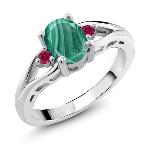 Gem Stone King 925 Sterling Silver Green Malachite and Red Created Ruby 3 Stone Engagement Ring for Women | 2.10 Cttw | Oval 8X6MM | Round 2MM | Gemstone Birthstone | Size 7