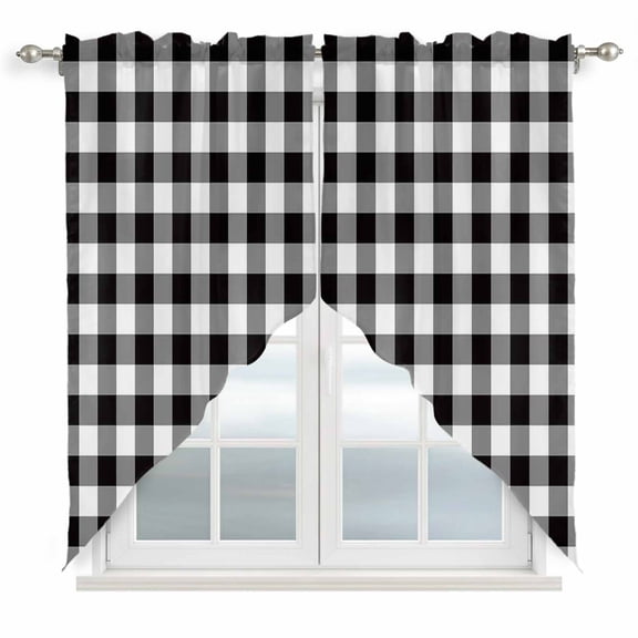 Black and White Checkered Kitchen Window Curtains, Swag Curtains Valance for Bedroom Living Room Bathroom, Farmhouse Buffalo Plaid Rod Pocket Window Treatment Curtain Block Drapes 2 Panels 28"x36"