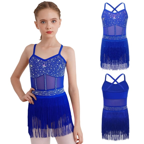 Aislor Girls Latin Dance Sleeveless Straps Rhinestones Tassel Jazz Cha Cha Leotard Dress Dancewear Royal Blue 8